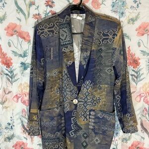 Vintage Cleo Blue and Gold Blazer with Ornate Pattern